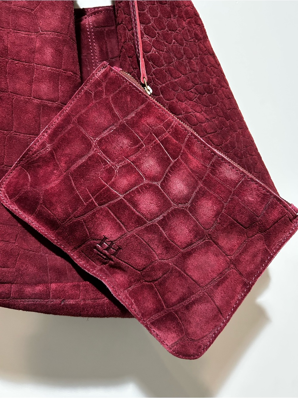 Haute Hippie Wine Red Croc-Embossed Suede Hobo Shoulder Bag - Picture 6 of 11